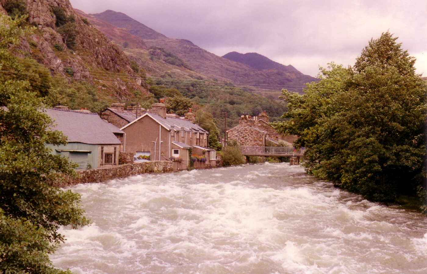 * Classic Cymru - Beddgelert - The Afon Glaslyn in full flood following days of heavy rain - 1987 (by AJW) *