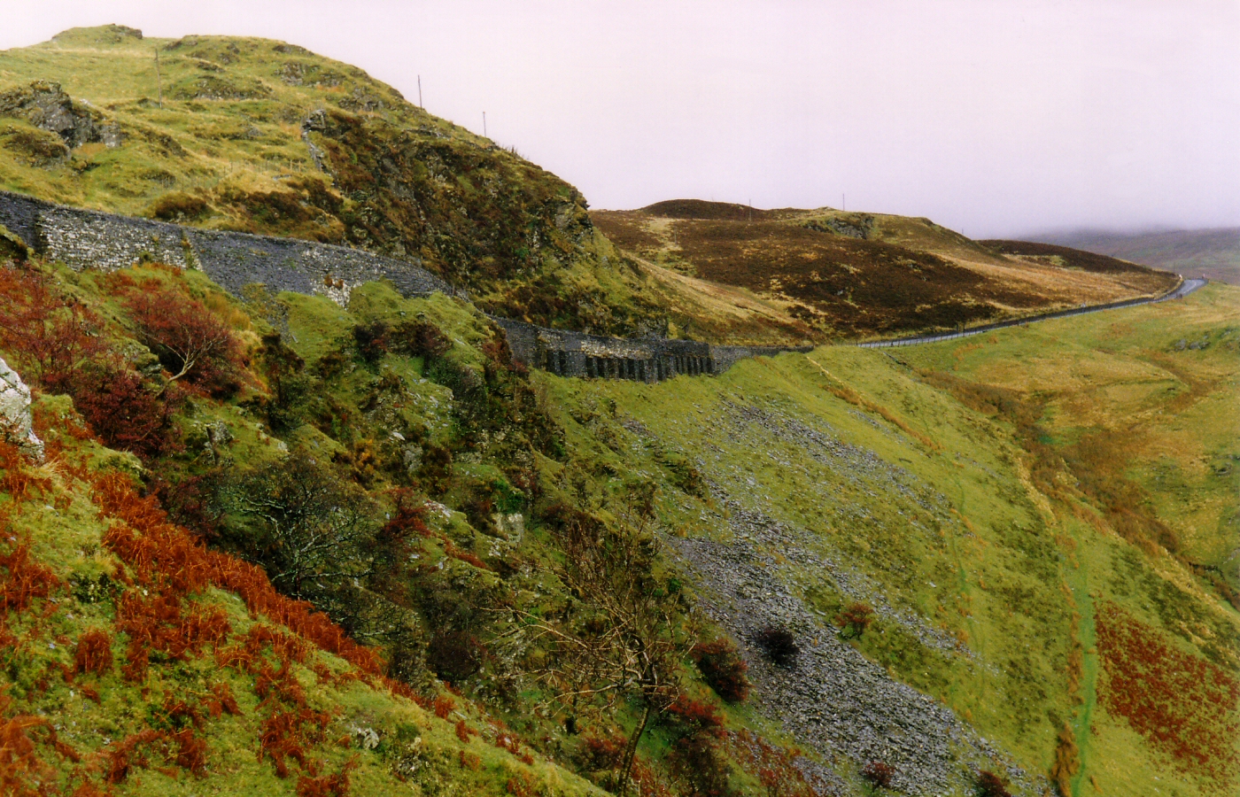 * Classic Cymru - B4391 Ffestiniog road clings to the hillside near the Rhaeadr y Cwm viewpoint - 1990 (by AJW) *