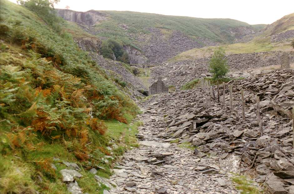 * [Pic 3] Minllyn Quarry - Tramway route to the exit incline (1989) *